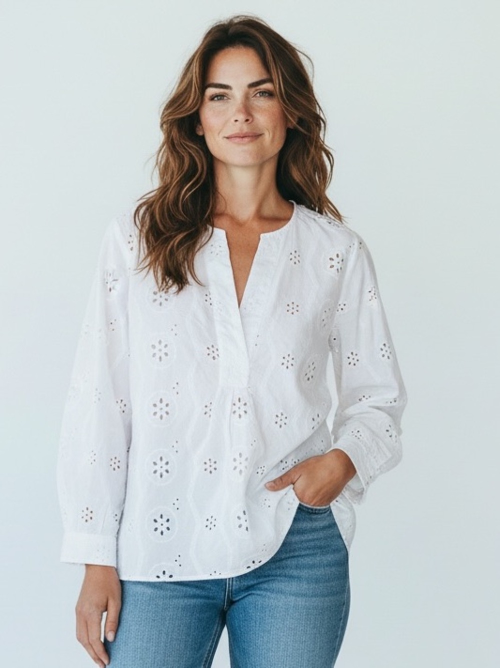 NWT CHRISTIAN SIRIANO Linen blend White Eyelet Tunic Top Size XL Coastal Beach